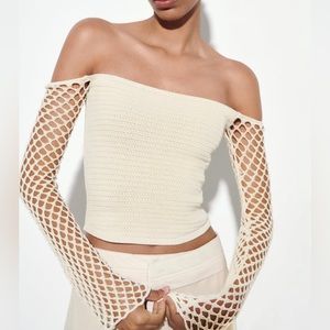 Zara Pointelle Knit Top Beige